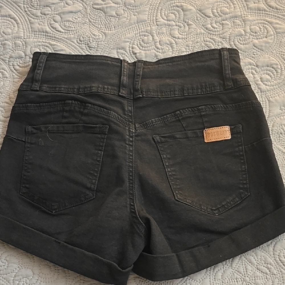 High Waist Black Denim Shorts with Folded Cuff - Picture 1 of 4